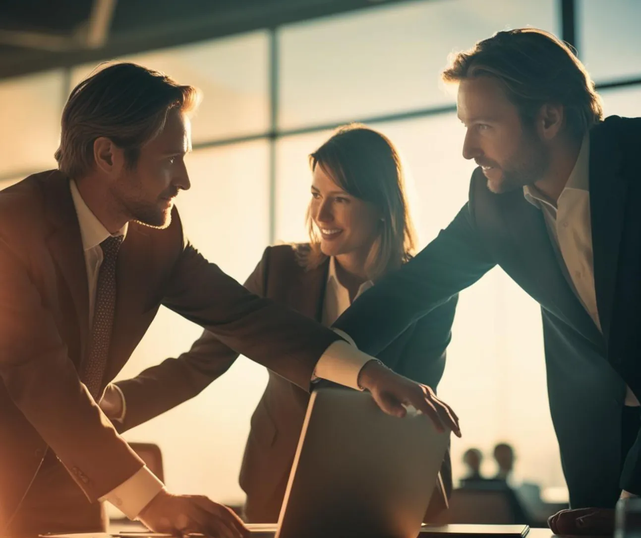 A consulting team reviewing a project together around a laptop